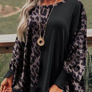 🌊Leopard Patchwork Bishop Sleeve Slit Sweatshirt